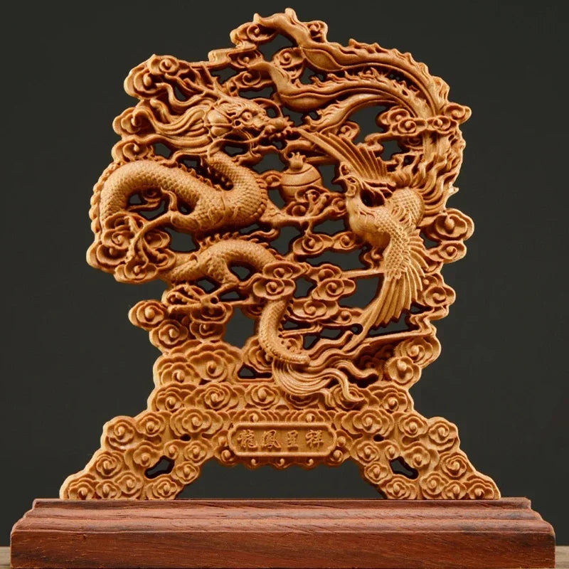 Hollow Wood Wealth Carving Thuja Wood Dragon Phoenix