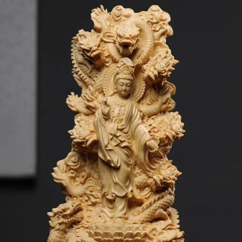 Wooden Carving Nine Dragons Guanyin Ornament