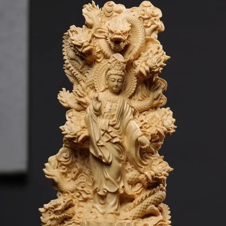 Wooden Carving Nine Dragons Guanyin Ornament