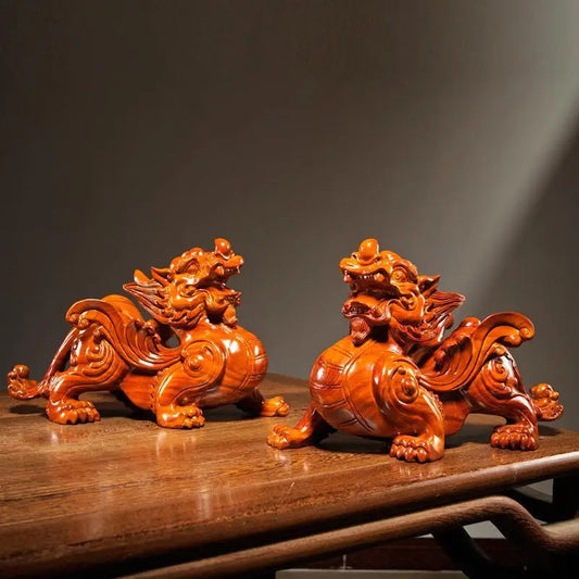 2pcs Pixiu Sculpture Solid Wood Decor