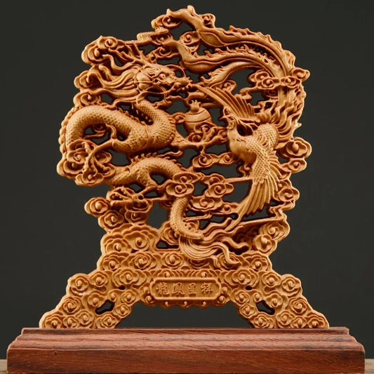 Hollow Wood Wealth Carving  Thuja Wood Dragon Phoenix