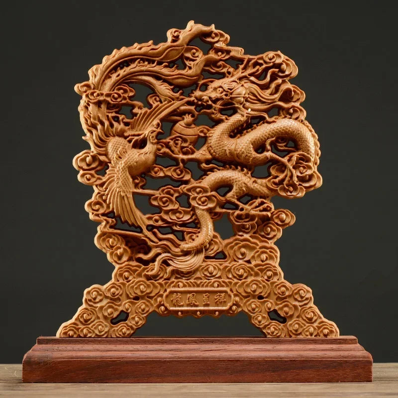 Hollow Wood Wealth Carving  Thuja Wood Dragon Phoenix