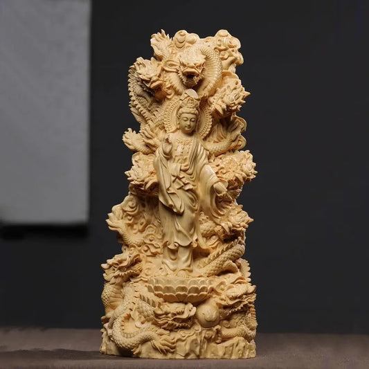 Wooden Carving Nine Dragons Guanyin Ornament